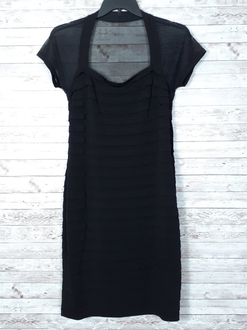 Maggy London Layered Cocktail Dress Size 12 Sheer Top Short Sleeve Black 19B
